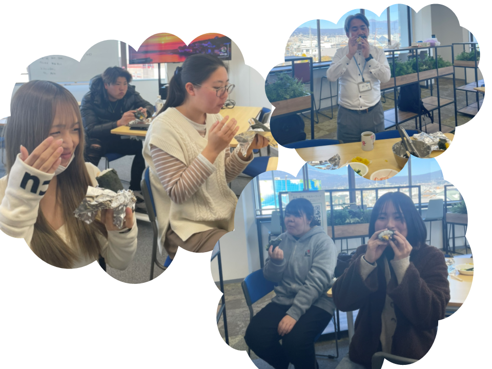 生徒が恵方を向いて、静かに恵方巻を食べている姿