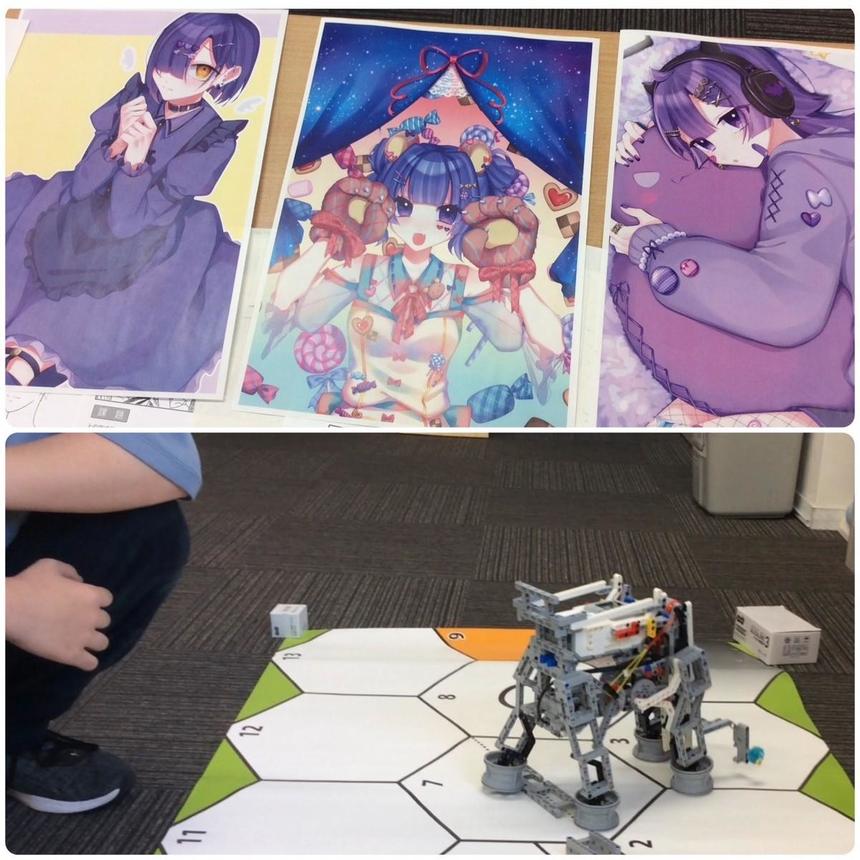 生徒が描いたイラストと生徒がロボットを動かしている写真