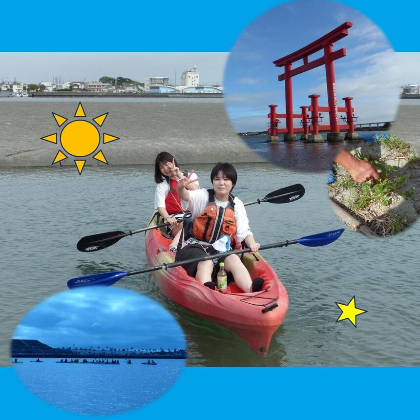 浜松キャンパスの女子生徒2名が弁天島周辺のカヤック体験施設にてカヤック体験をしている生徒の写真と弁天島の草木や鳥居の写真