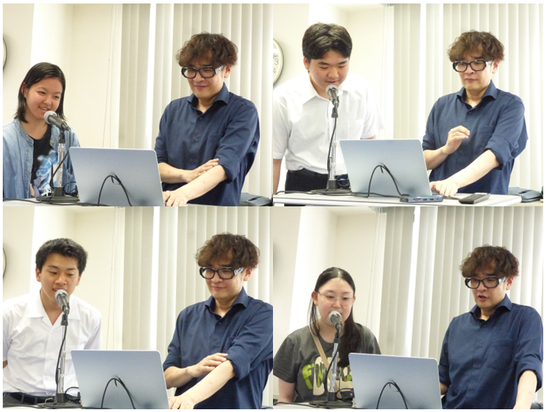 柏キャンパスのレコーディング体験で、緊張した面持ちでマイクの前に立つ生徒が一言の録音をしている写真