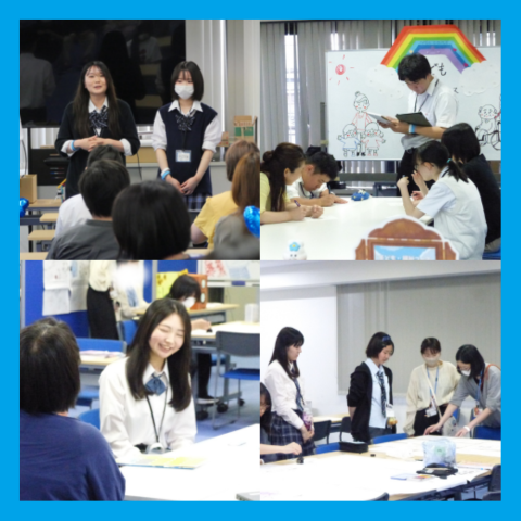 在校生のお手伝い生が、来校者に向けて各コースごとにコース体験をしているときの写真です。