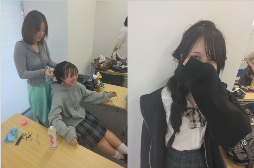 在校生同士がみらいの架け橋レッスン(ビューティー)でヘアーアレンジをしている様子