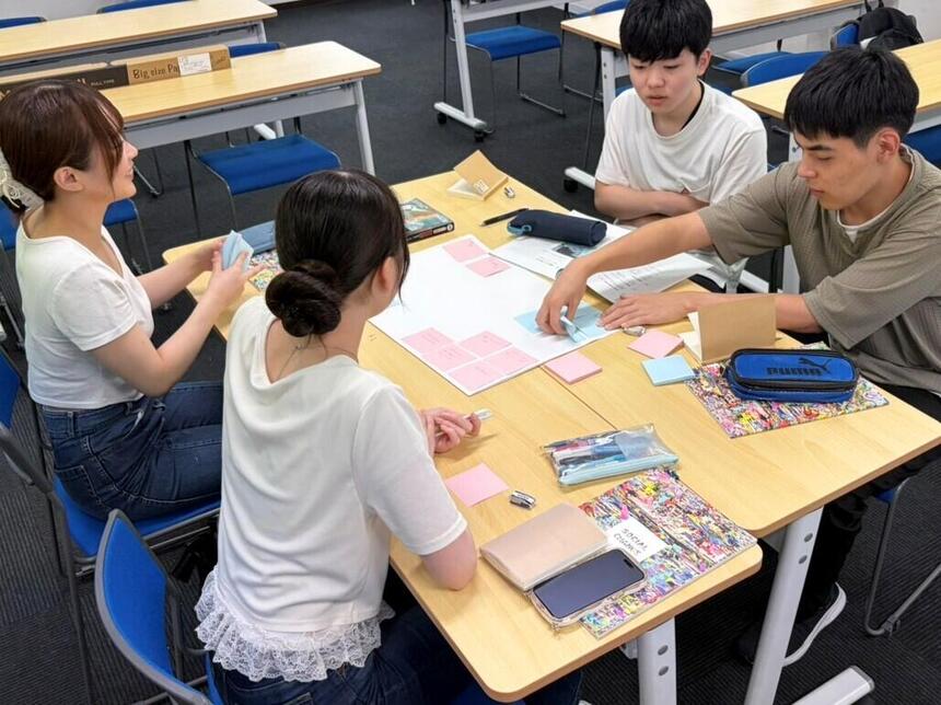 ソーシャルチェンジのワークに取り組む楽しそうなおおぞら高校の生徒4人