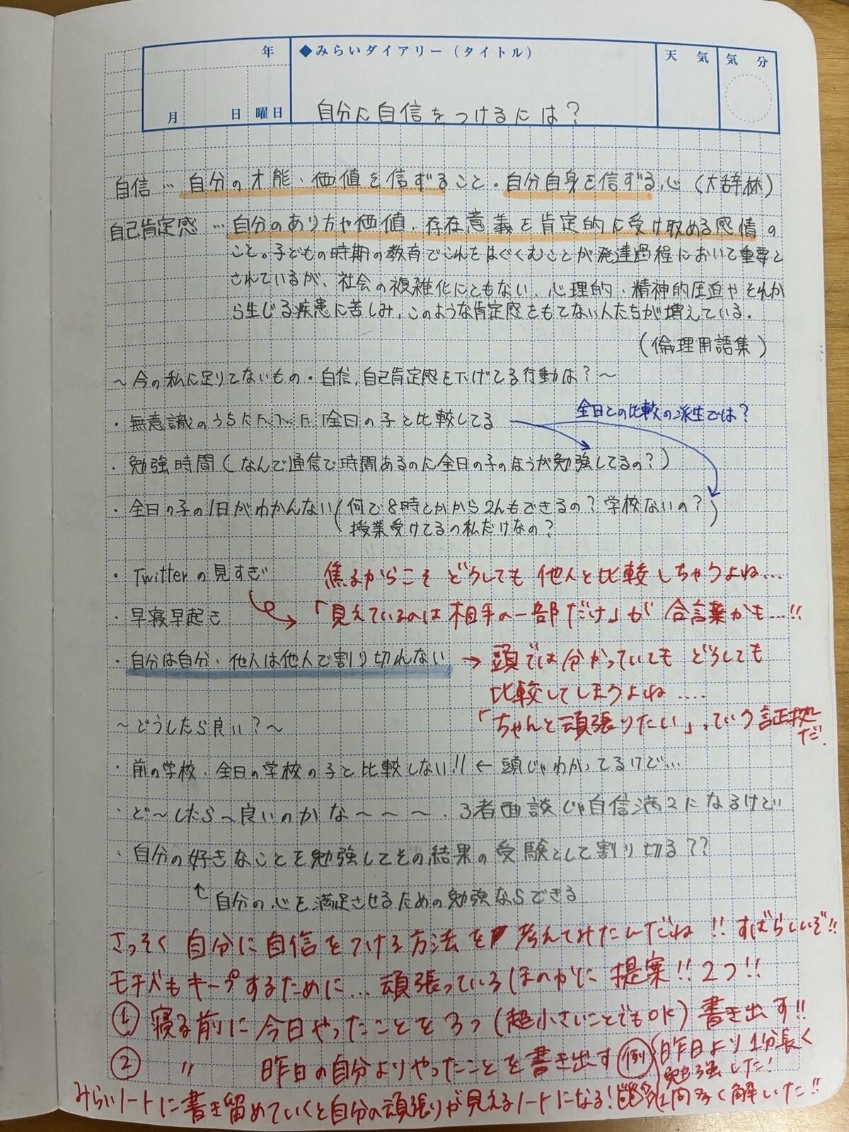 マイコーチとの1on1の後にMさんが書いた1ページ