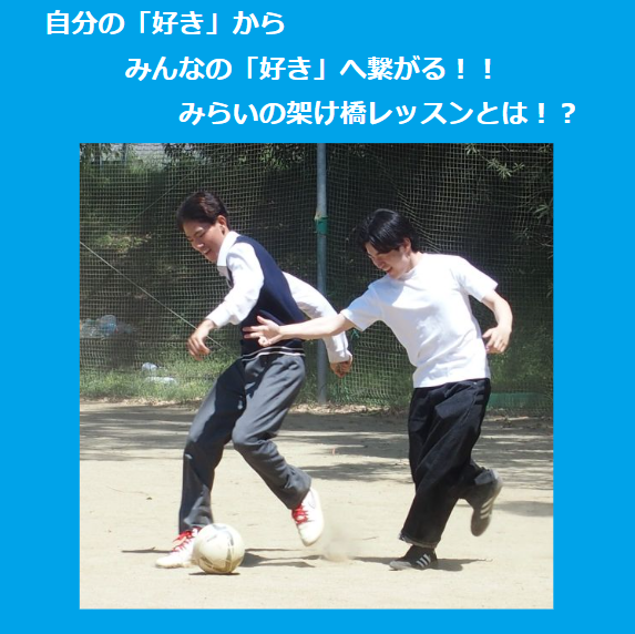 サッカーをしている2人の男子生徒　青色の背景で白文字「自分の好きからみんなの好きへ繋がる！みらいの架け橋レッスンとは！？」