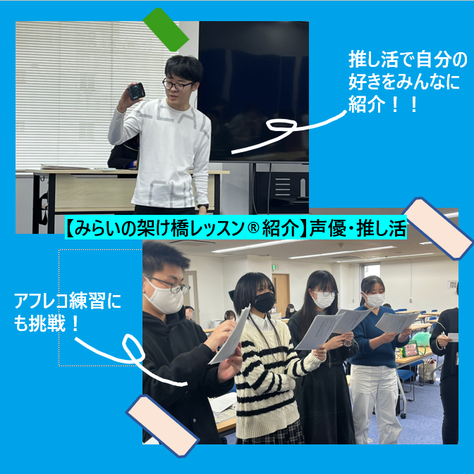 授業に参加し、推し活やアフレコをする生徒の写真です。