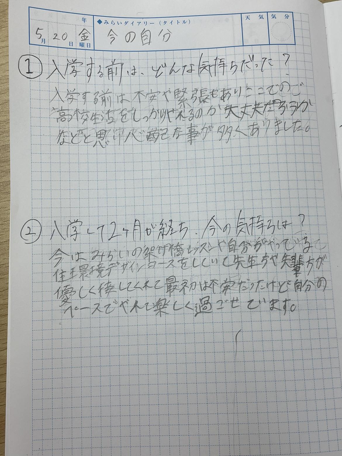 生徒が書いたみらいノート