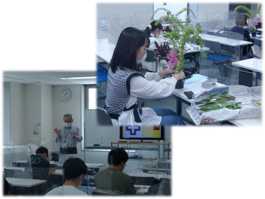 生け花に参加している生徒の様子、専門学校の講師によるプログラミング授業