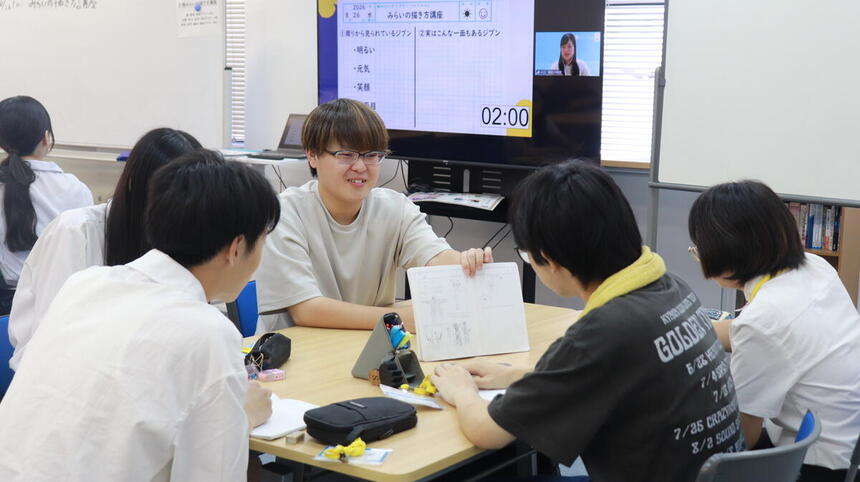 岡山キャンパスでの、授業の様子。机を囲みながらKTCみらいノート®を活用し、グループワークをする生徒た