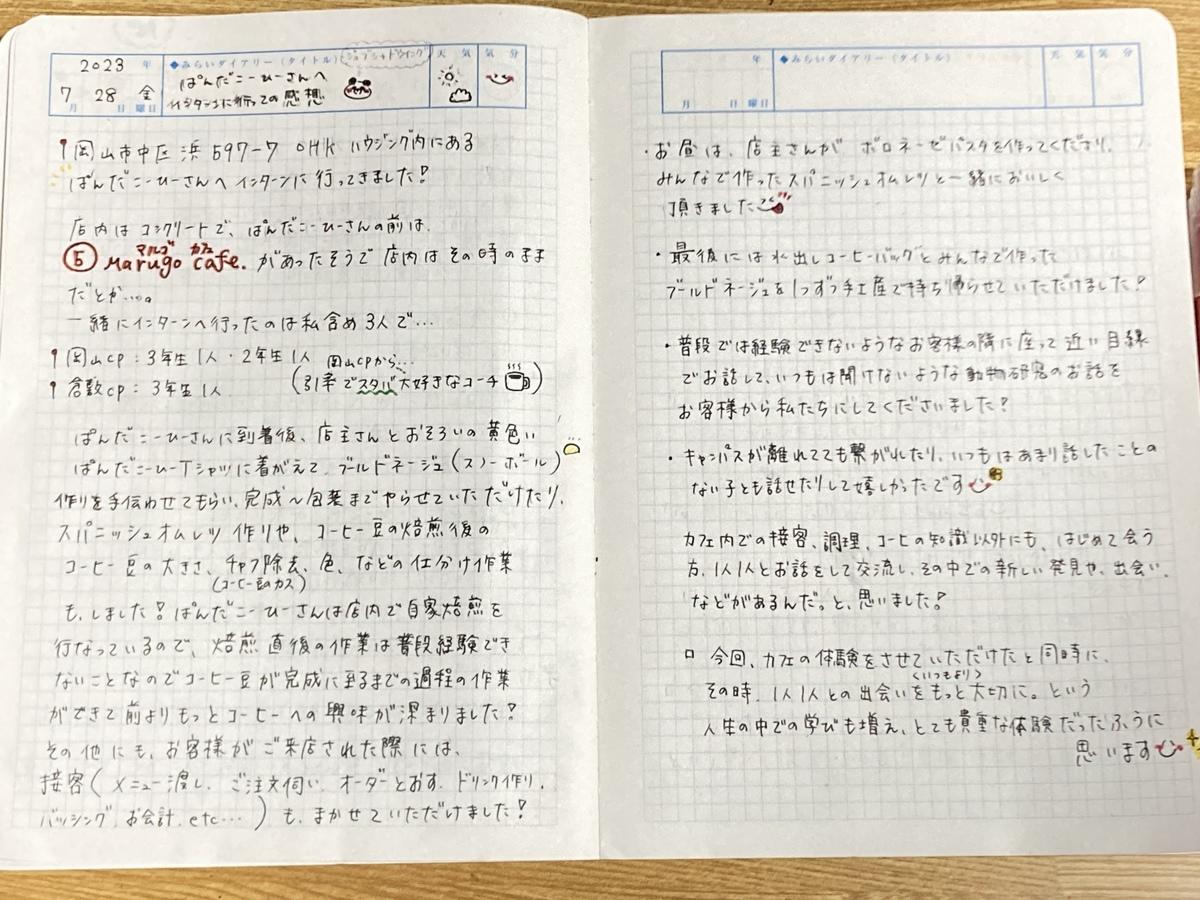 ぱんだこーひーさんでの職業体験に参加した生徒が書いたKTCみらいノート