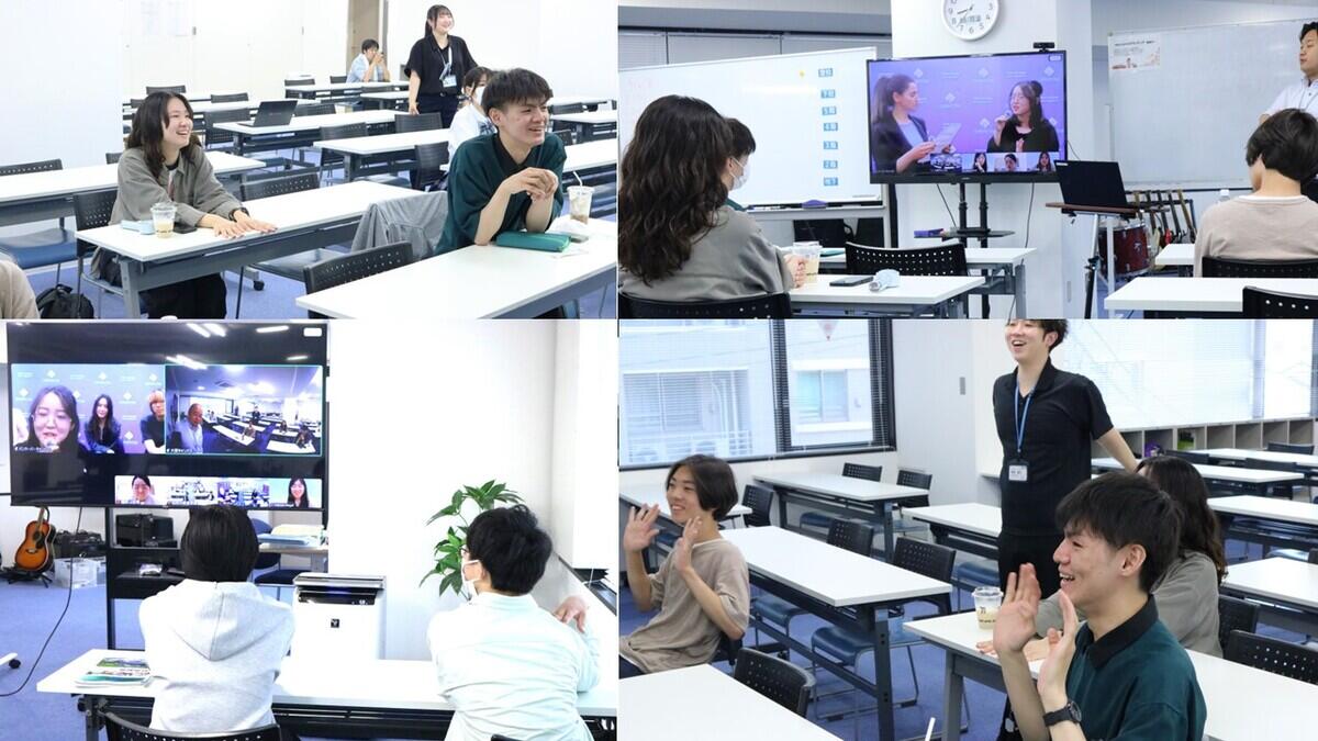留学中の生徒とリアルタイムでつながるイベント「Live！ Van♡」に、大宮キャンパスの生徒が参加している様子