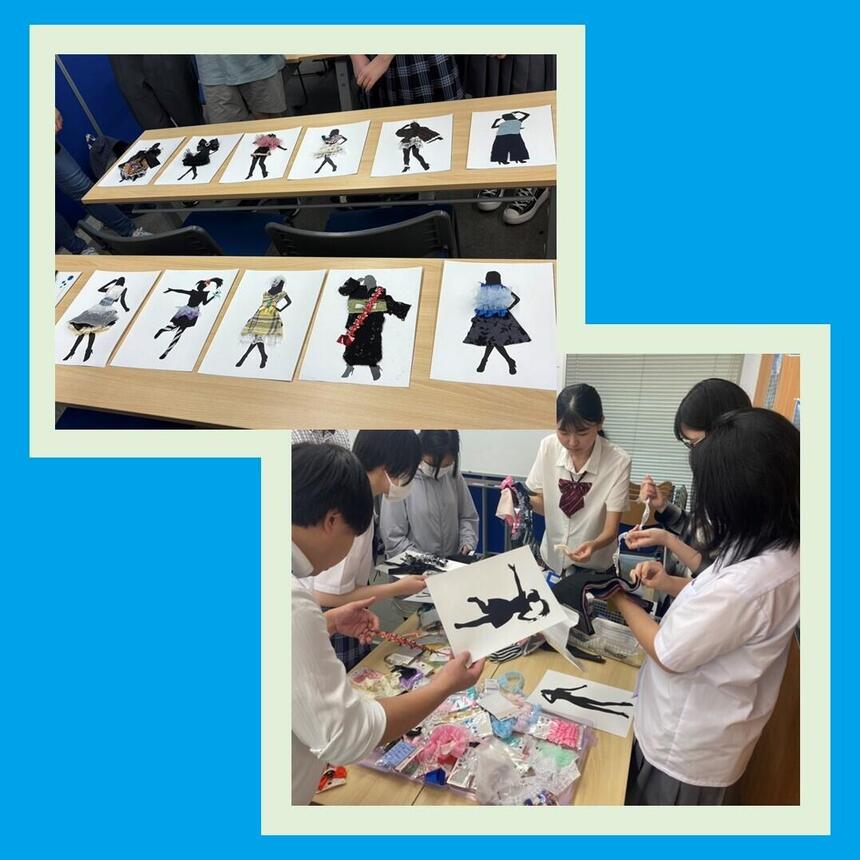 生徒が生地を選んでいる様子、完成した作品の写真