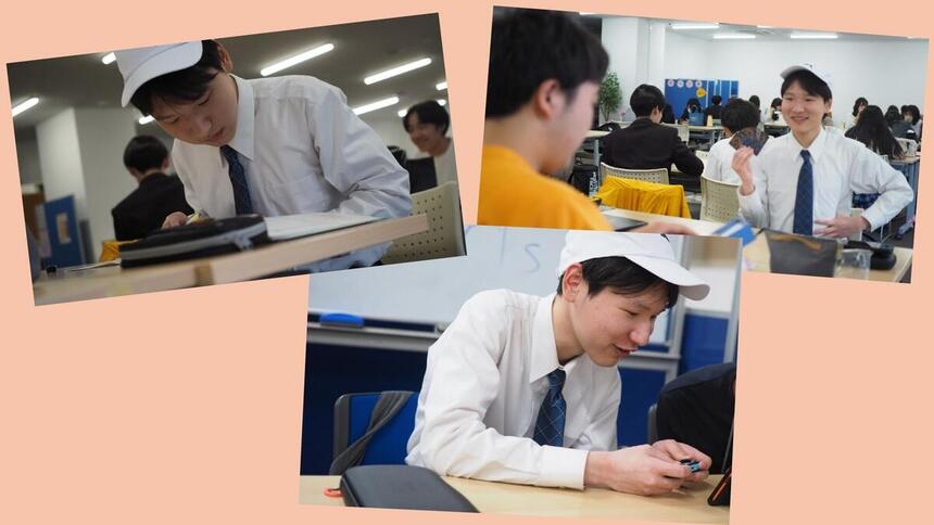 教室で勉強をしたり、友人とゲームをする男子高校生