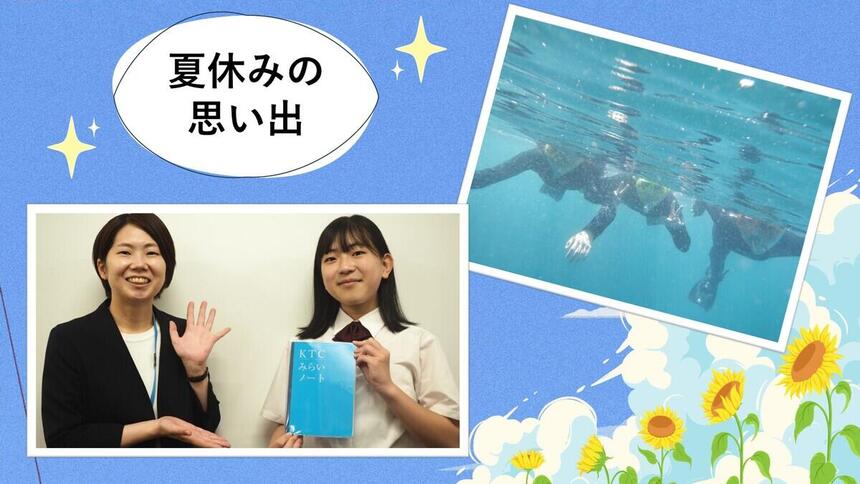 女子高校生と夏休みに家族とシュノーケリングを楽しむ様子の合成画像