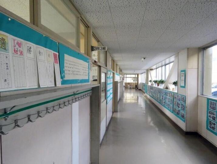 学校の廊下で左右の壁に掲示物が貼られている