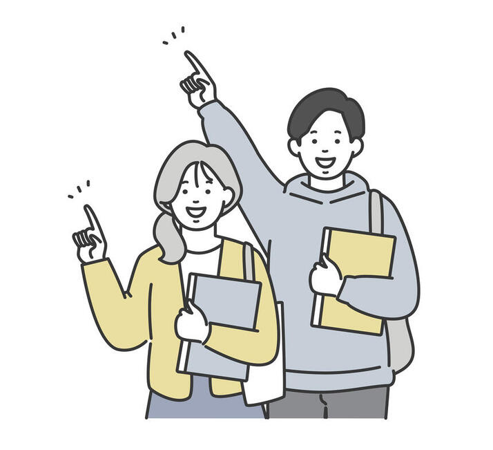 ノートを持っている大学生の女性と男性が指をさしているイラスト