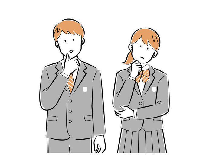 制服を着ている男子生徒と女子生徒が、あごに手を当てて悩んでいる様子のイラスト