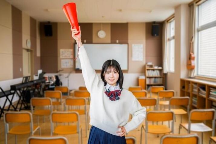 女子高校生がメガホンを持ち音楽室で腕を上げている姿