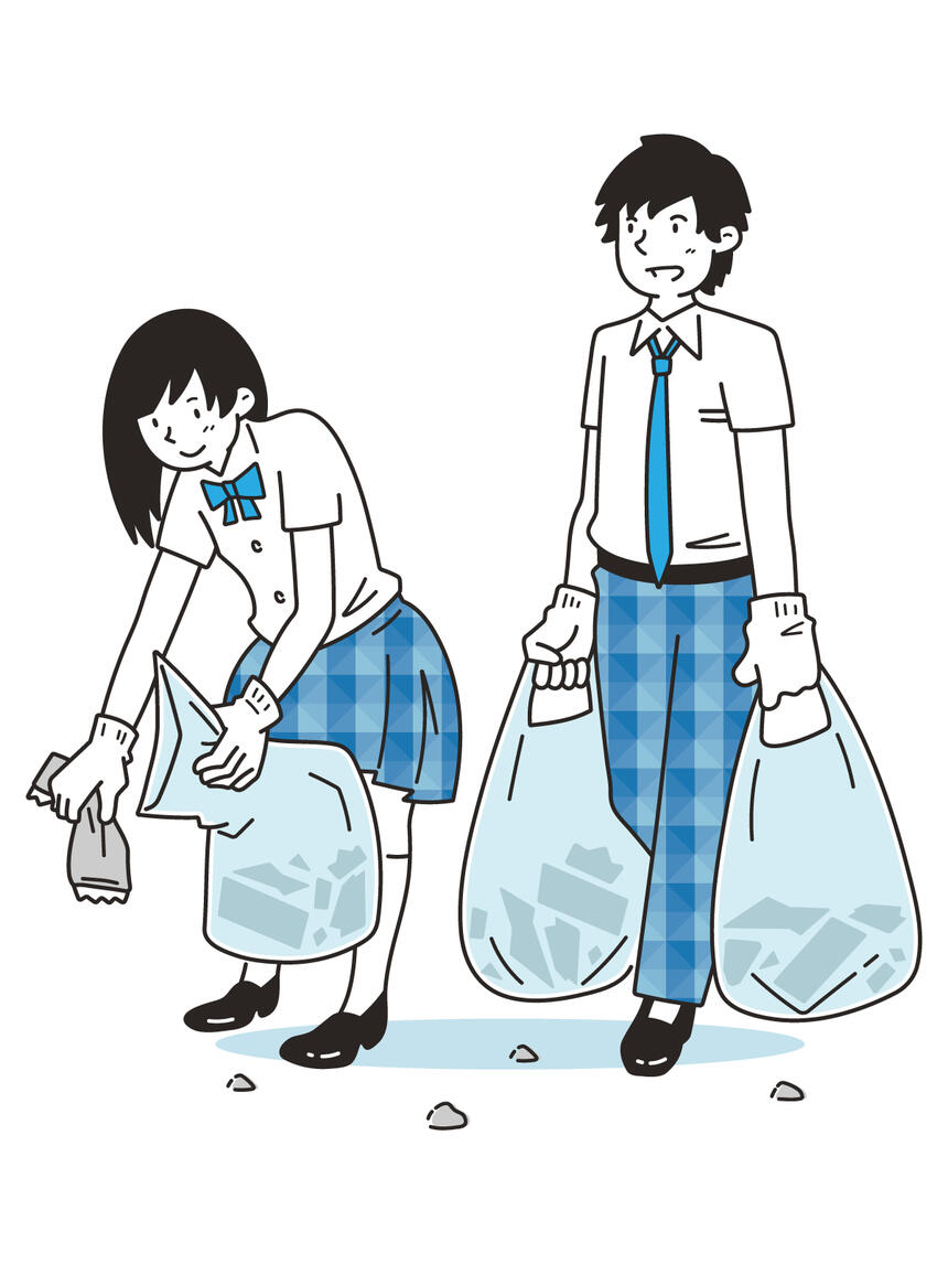 制服を着ている女子生徒と男子生徒がゴミ拾いをしているイラスト