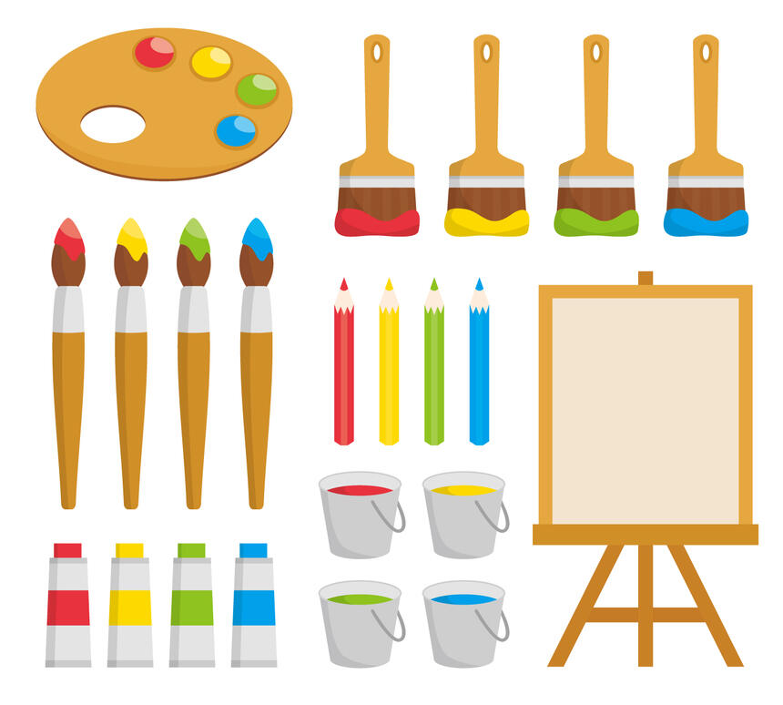 絵具や色鉛筆など絵を描くための道具がきれいに並んでいる様子のイラスト
