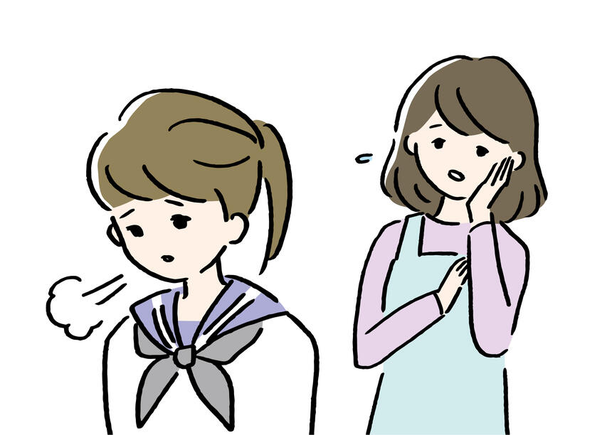 ため息をつく女子高生を、後ろから母親が心配そうに見ているイラスト
